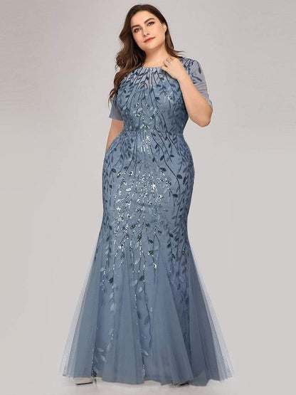 pretty JADEN|Floral Sequin Print Plus Size Mermaid Tulle Evening Dress