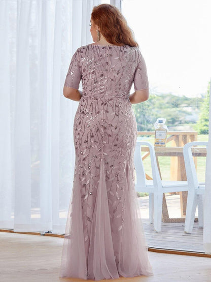 pretty JADEN|Floral Sequin Print Plus Size Mermaid Tulle Evening Dress