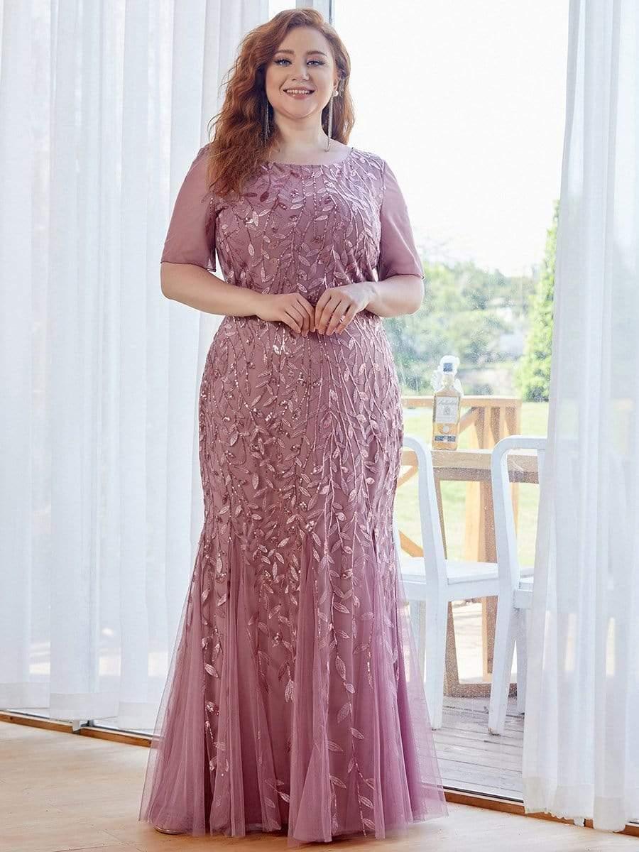 pretty JADEN|Floral Sequin Print Plus Size Mermaid Tulle Evening Dress