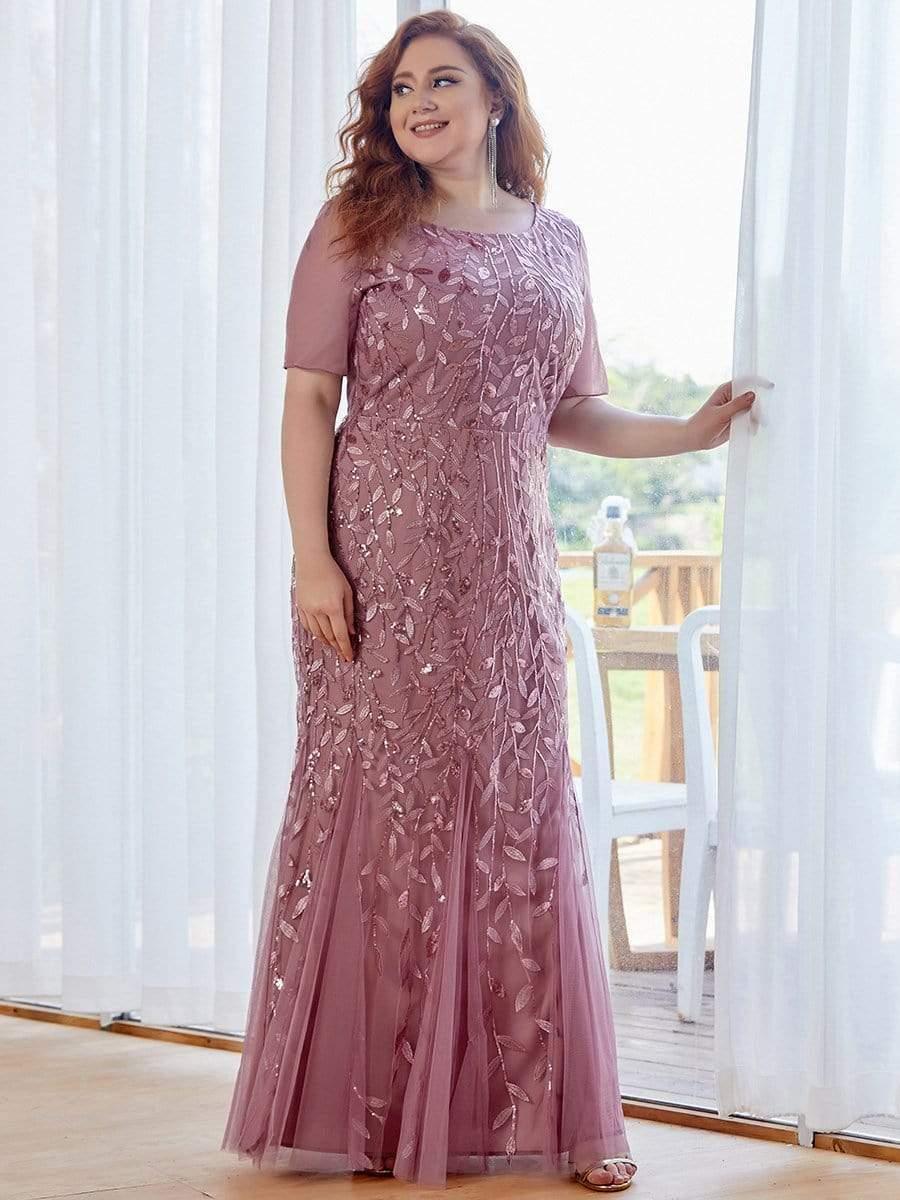 pretty JADEN|Floral Sequin Print Plus Size Mermaid Tulle Evening Dress