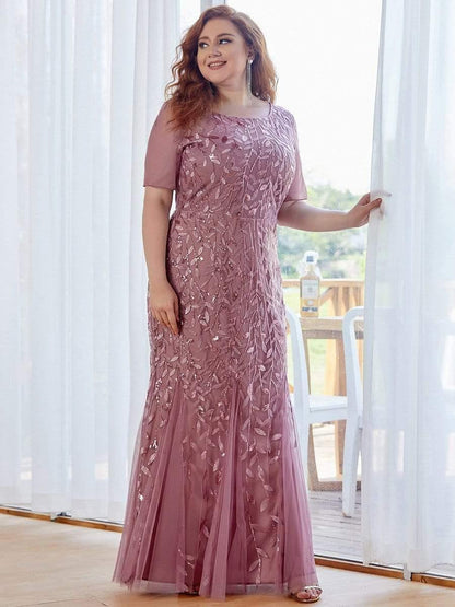 pretty JADEN|Floral Sequin Print Plus Size Mermaid Tulle Evening Dress