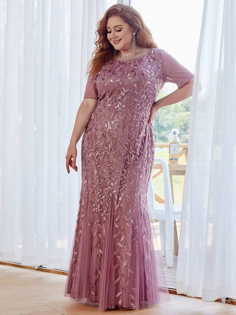 pretty JADEN|Floral Sequin Print Plus Size Mermaid Tulle Evening Dress