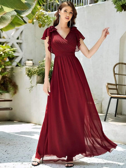 ever AVELYN|Elegant Pleated Bodice Ruffles Sleeves Chiffon Evening Dress