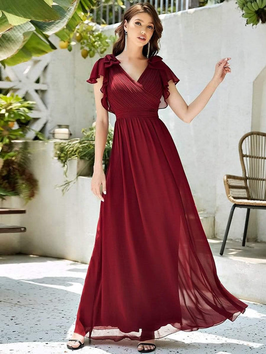 ever AVELYN|Elegant Pleated Bodice Ruffles Sleeves Chiffon Evening Dress