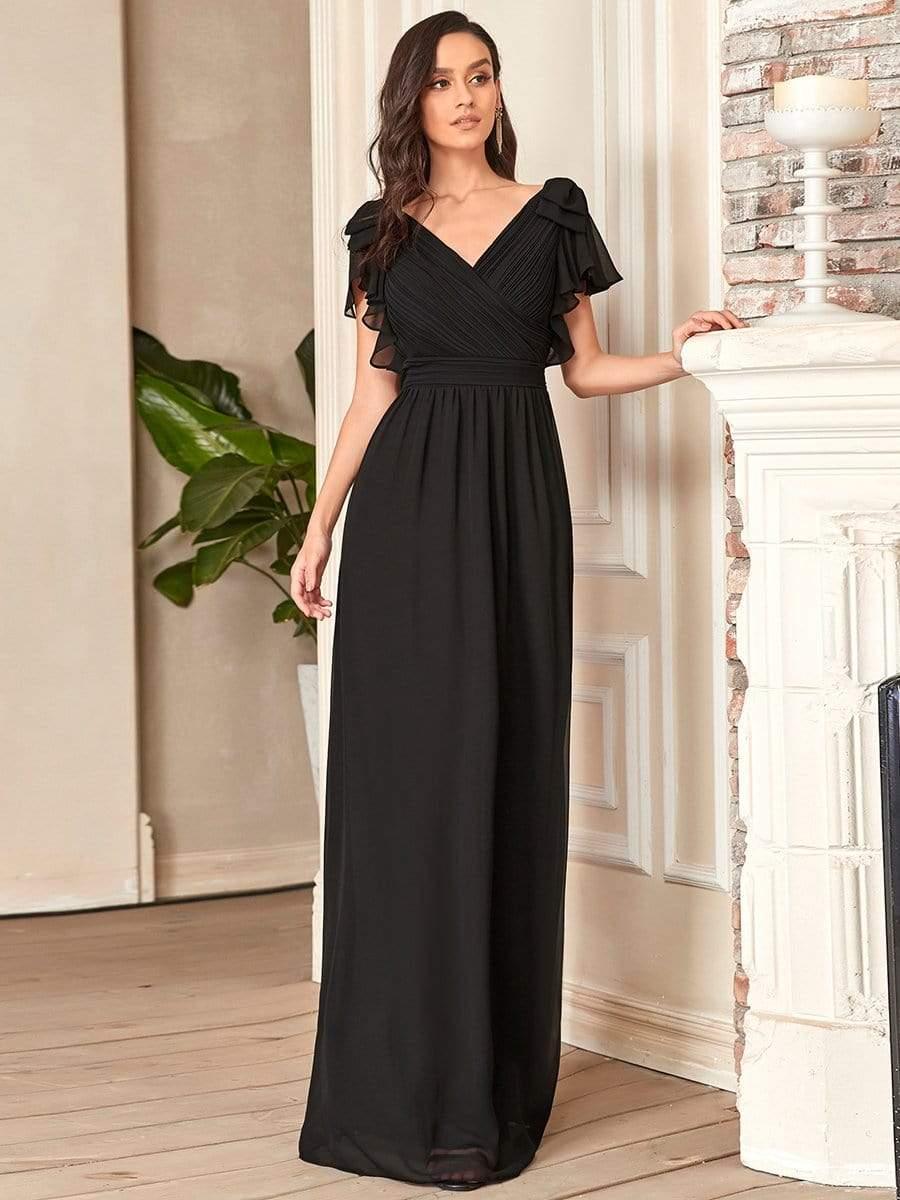 ever AVELYN|Elegant Pleated Bodice Ruffles Sleeves Chiffon Evening Dress