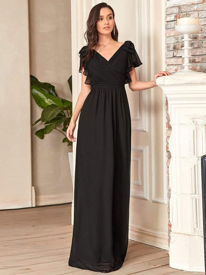 ever AVELYN|Elegant Pleated Bodice Ruffles Sleeves Chiffon Evening Dress
