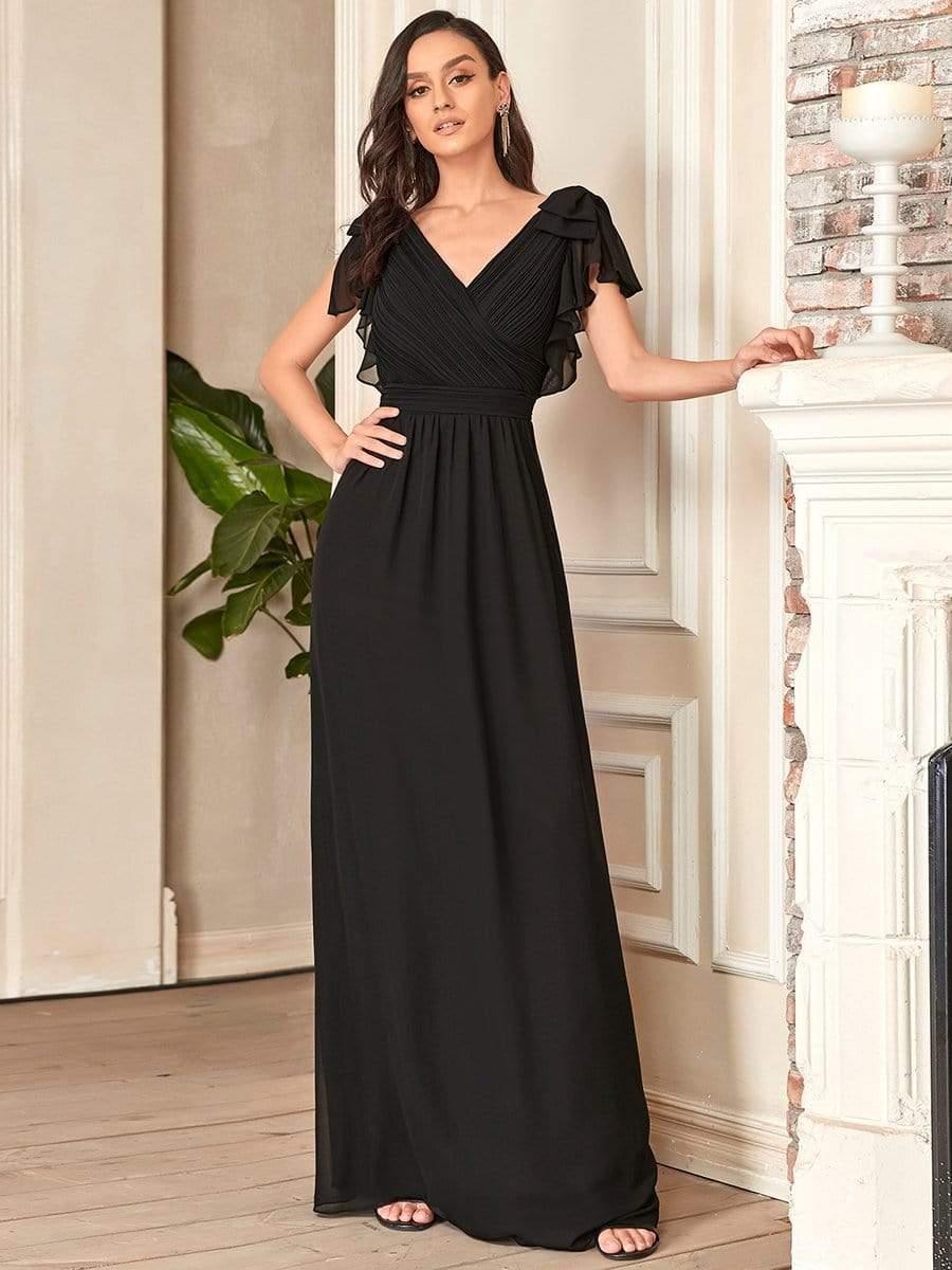 ever AVELYN|Elegant Pleated Bodice Ruffles Sleeves Chiffon Evening Dress