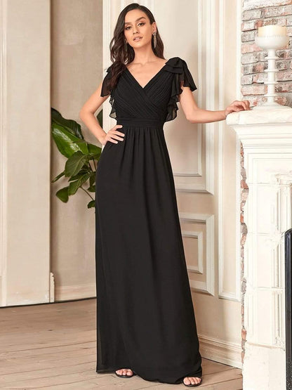 ever AVELYN|Elegant Pleated Bodice Ruffles Sleeves Chiffon Evening Dress