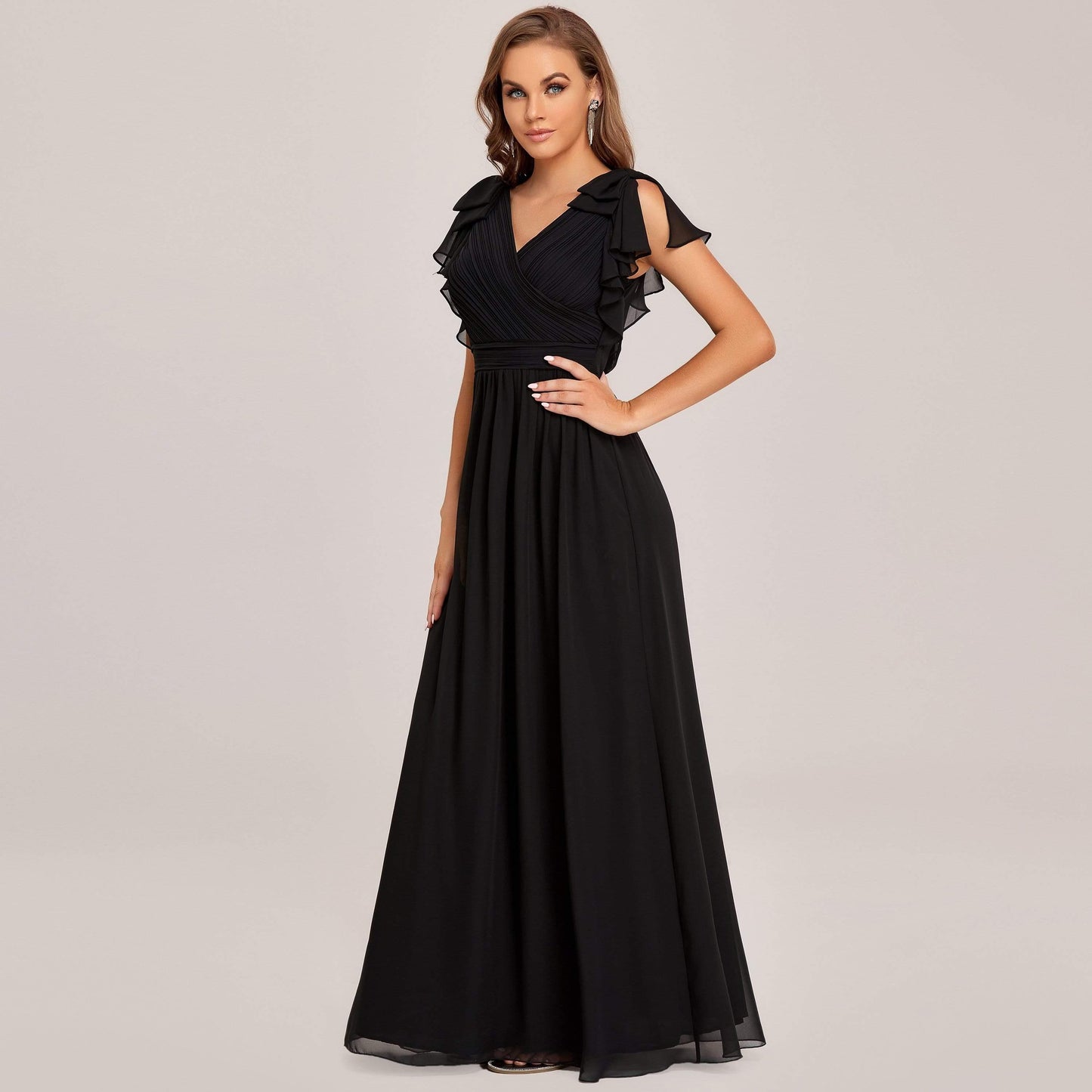 ever AVELYN|Elegant Pleated Bodice Ruffles Sleeves Chiffon Evening Dress