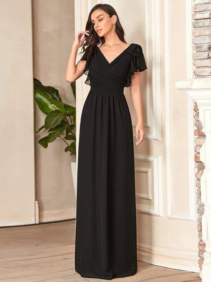 ever AVELYN|Elegant Pleated Bodice Ruffles Sleeves Chiffon Evening Dress