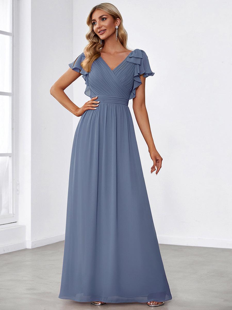 ever AVELYN|Elegant Pleated Bodice Ruffles Sleeves Chiffon Evening Dress