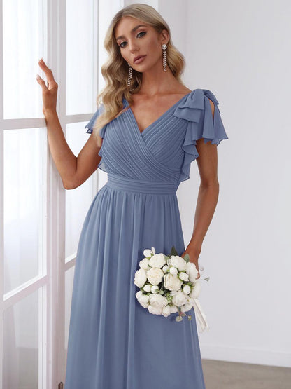 ever AVELYN|Elegant Pleated Bodice Ruffles Sleeves Chiffon Evening Dress