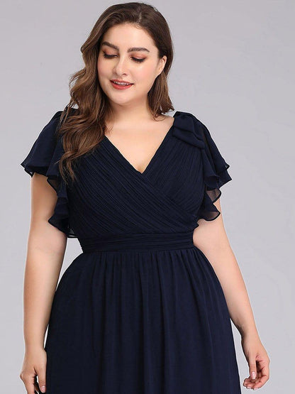 pretty AVELYN|Plus Size Ruched Bodice Formal Evening Dresses with Ruffles Sleeves