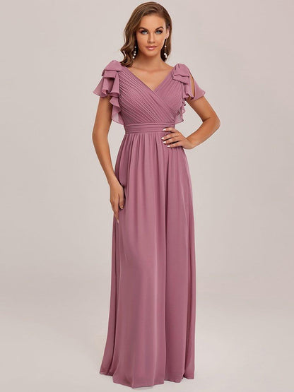 ever AVELYN|Elegant Pleated Bodice Ruffles Sleeves Chiffon Evening Dress