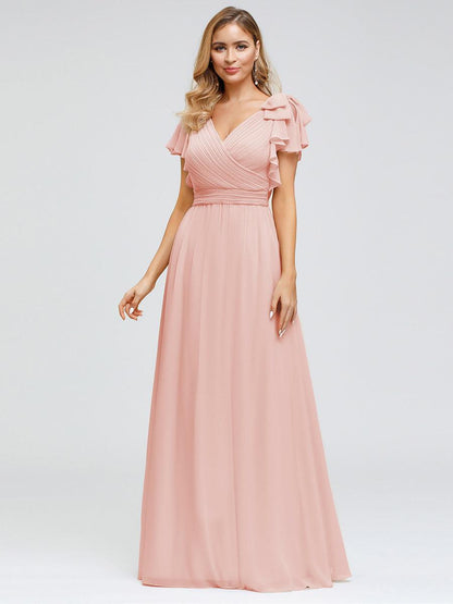 ever AVELYN|Elegant Pleated Bodice Ruffles Sleeves Chiffon Evening Dress
