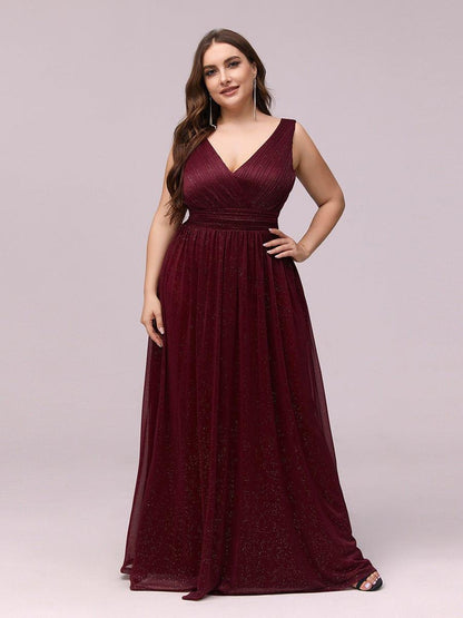 pretty STERLING|Double V Neck Maxi Long Plus Size Sparkly Evening Dresses for Party