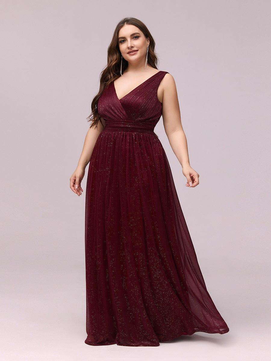 pretty STERLING|Double V Neck Maxi Long Plus Size Sparkly Evening Dresses for Party