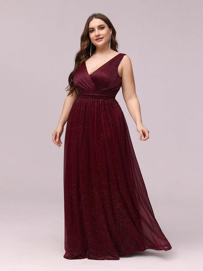 pretty STERLING|Double V Neck Maxi Long Plus Size Sparkly Evening Dresses for Party