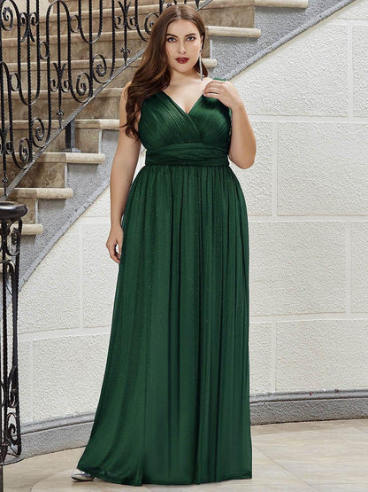 pretty STERLING|Double V Neck Maxi Long Plus Size Sparkly Evening Dresses for Party