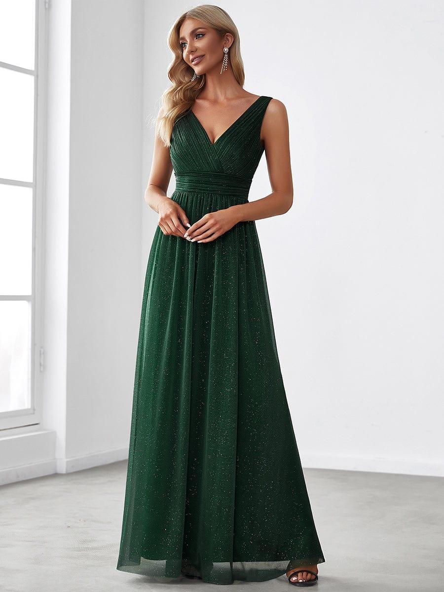 ever STERLING|Double V Neck Floor Length Sparkly Evening Dresses for Party