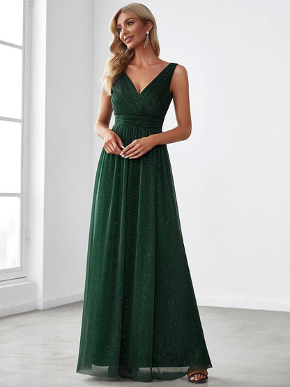 ever STERLING|Double V Neck Floor Length Sparkly Evening Dresses for Party