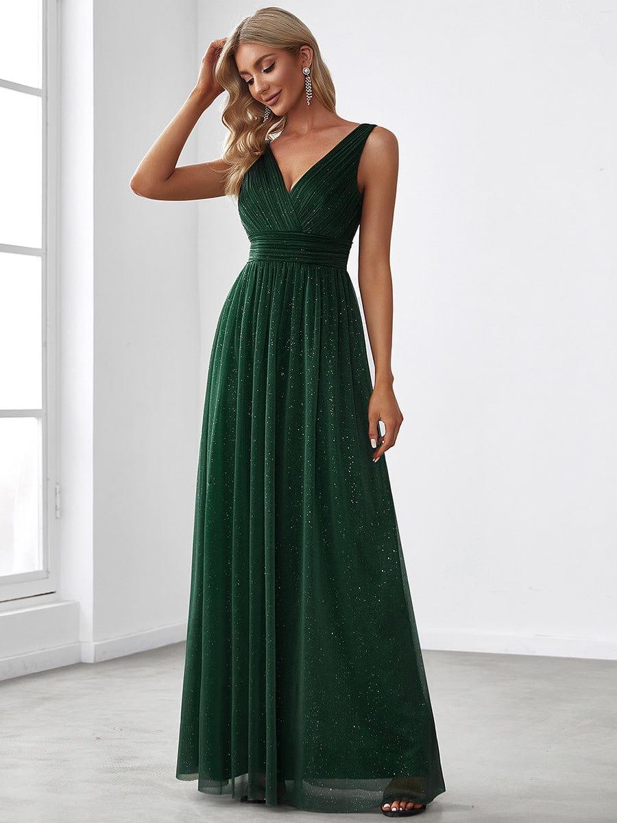 ever STERLING|Double V Neck Floor Length Sparkly Evening Dresses for Party