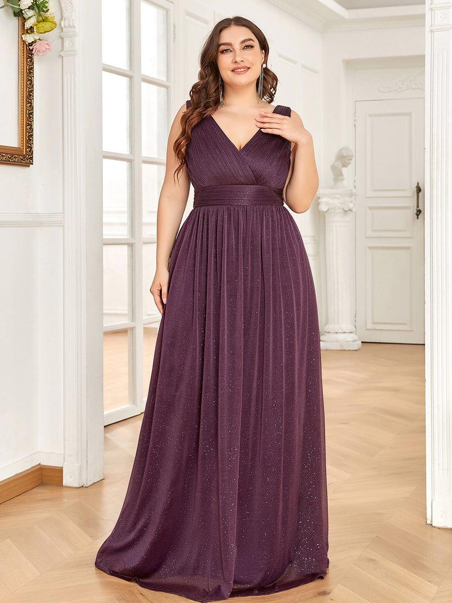pretty STERLING|Double V Neck Maxi Long Plus Size Sparkly Evening Dresses for Party