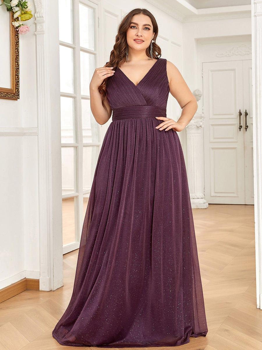 pretty STERLING|Double V Neck Maxi Long Plus Size Sparkly Evening Dresses for Party