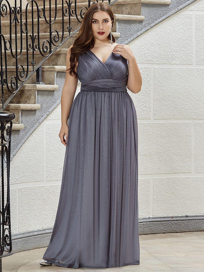 pretty STERLING|Double V Neck Maxi Long Plus Size Sparkly Evening Dresses for Party