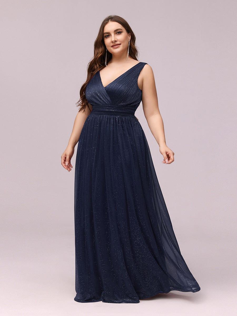 pretty STERLING|Double V Neck Maxi Long Plus Size Sparkly Evening Dresses for Party