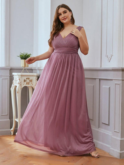 pretty STERLING|Double V Neck Maxi Long Plus Size Sparkly Evening Dresses for Party