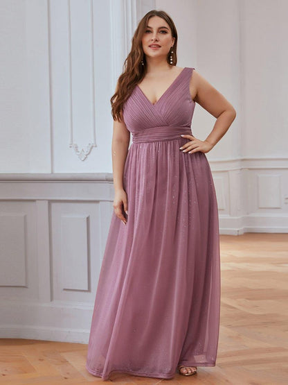pretty STERLING|Double V Neck Maxi Long Plus Size Sparkly Evening Dresses for Party