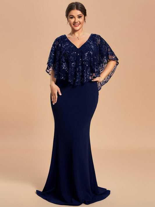 Plus Size Sequin Cape Short Sleeves Mermaid Formal Evening Dresses