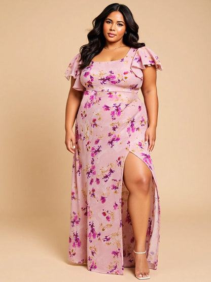 ever WISTERIA|Floral Print Flutter Sleeve Side Split Maxi Formal Dress
