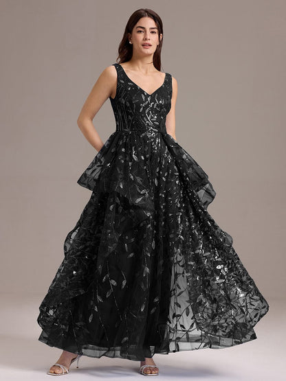 ever TOMMI|Double V-Neck A-Line Layered Sequin Formal Dress