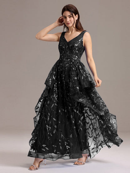 ever TOMMI|Double V-Neck A-Line Layered Sequin Formal Dress