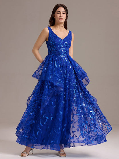 ever TOMMI|Double V-Neck A-Line Layered Sequin Formal Dress