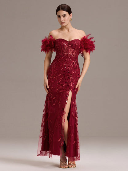ever BELISSE|Off-Shoulder Feather Sleeve A-Line High Split Backless Sequin Formal Dress