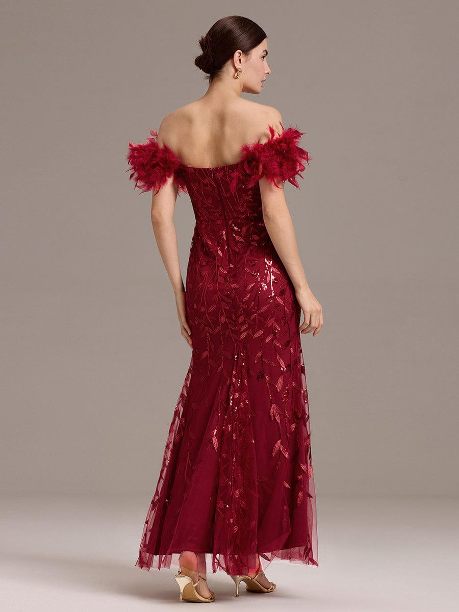 ever BELISSE|Off-Shoulder Feather Sleeve A-Line High Split Backless Sequin Formal Dress