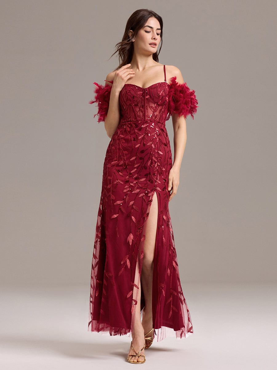 ever BELISSE|Off-Shoulder Feather Sleeve A-Line High Split Backless Sequin Formal Dress