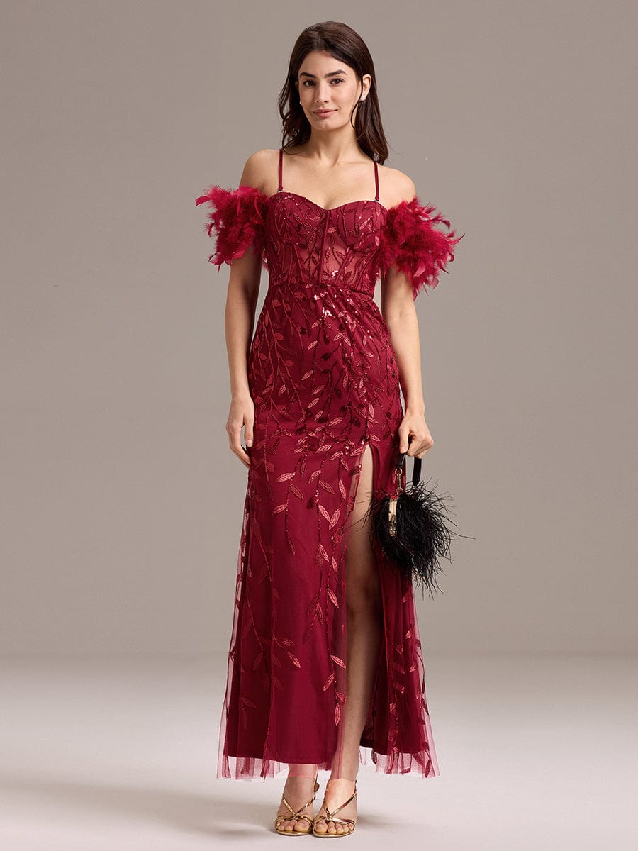 ever BELISSE|Off-Shoulder Feather Sleeve A-Line High Split Backless Sequin Formal Dress