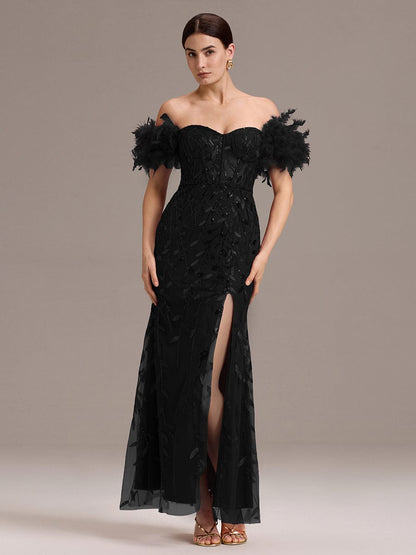 ever BELISSE|Off-Shoulder Feather Sleeve A-Line High Split Backless Sequin Formal Dress