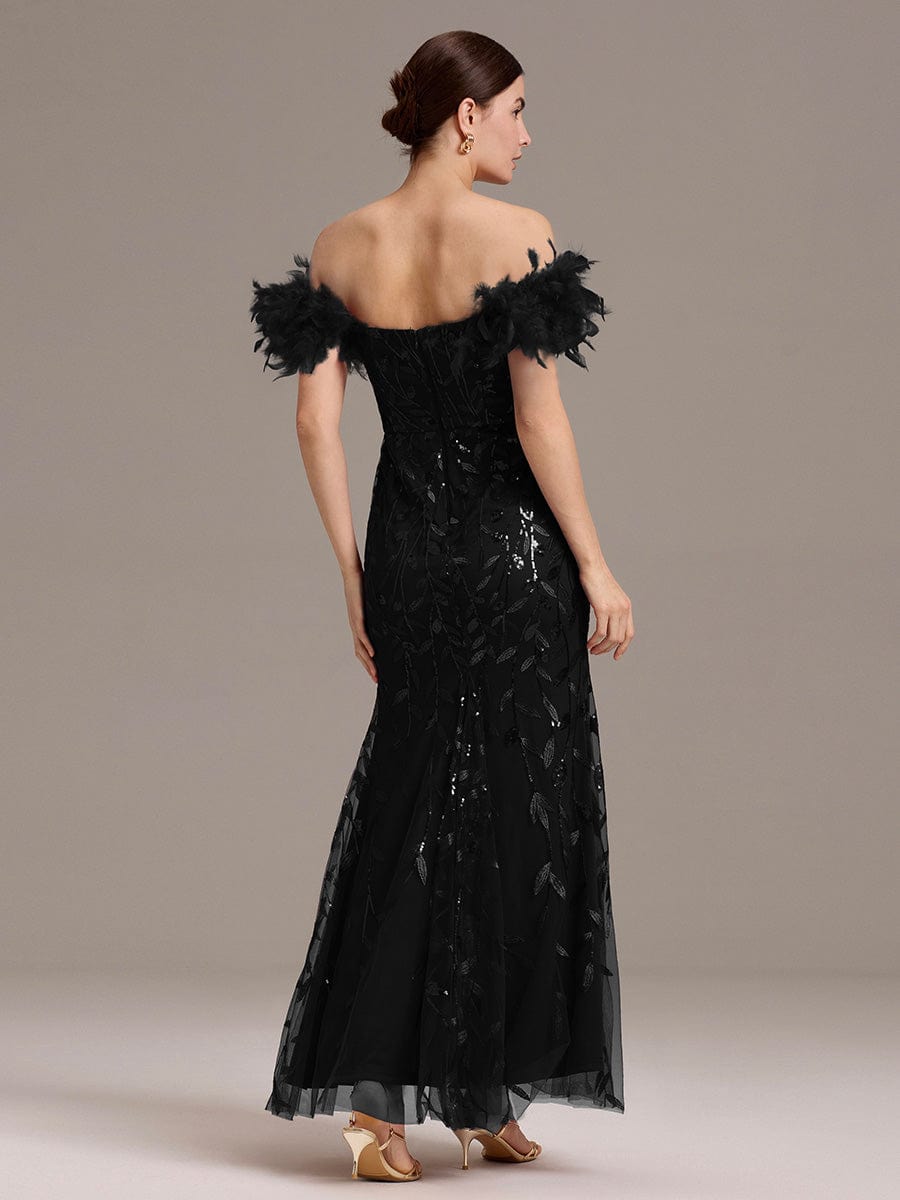 ever BELISSE|Off-Shoulder Feather Sleeve A-Line High Split Backless Sequin Formal Dress