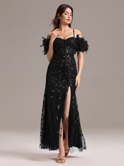 ever BELISSE|Off-Shoulder Feather Sleeve A-Line High Split Backless Sequin Formal Dress
