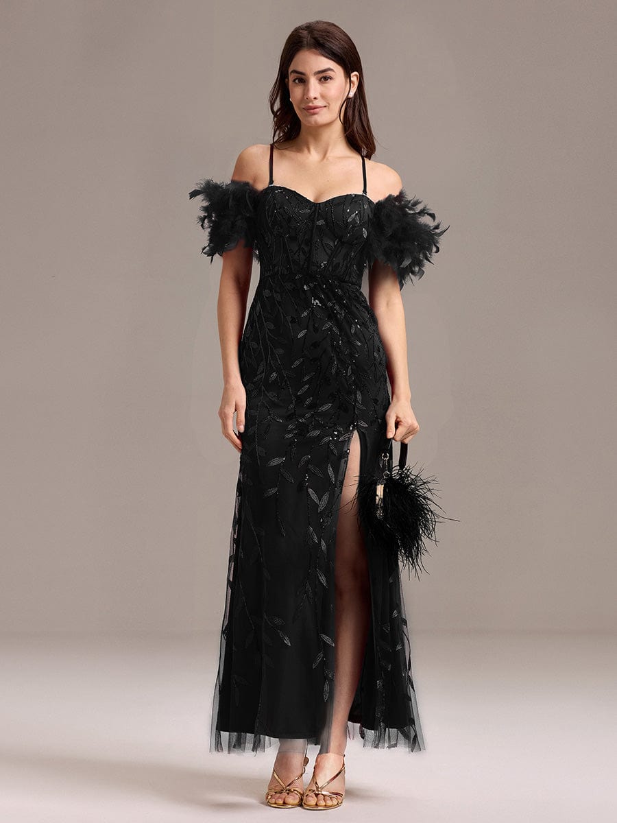 ever BELISSE|Off-Shoulder Feather Sleeve A-Line High Split Backless Sequin Formal Dress