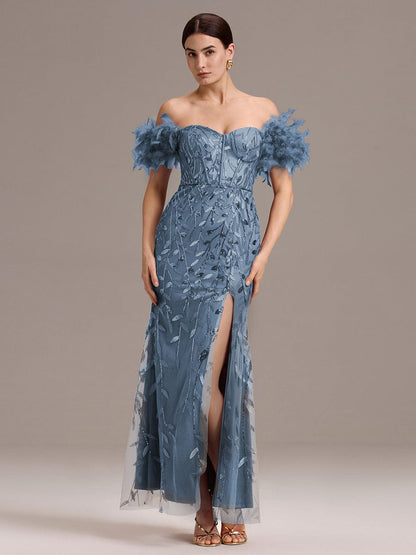 ever BELISSE|Off-Shoulder Feather Sleeve A-Line High Split Backless Sequin Formal Dress