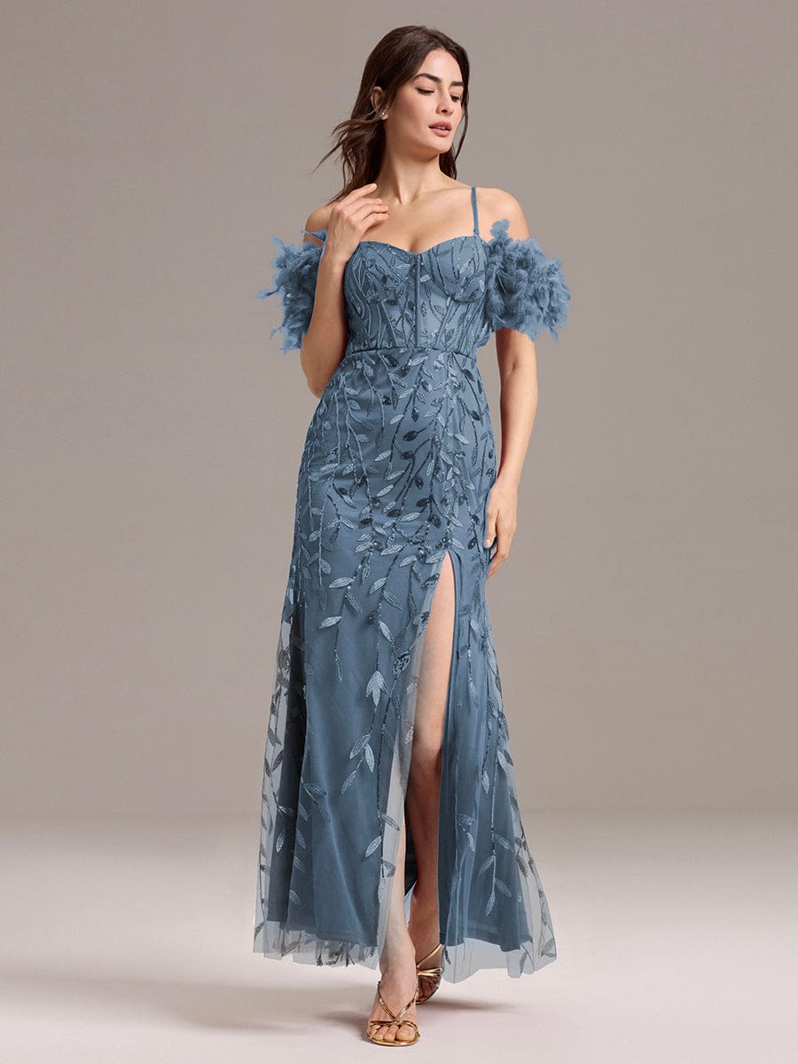 ever BELISSE|Off-Shoulder Feather Sleeve A-Line High Split Backless Sequin Formal Dress