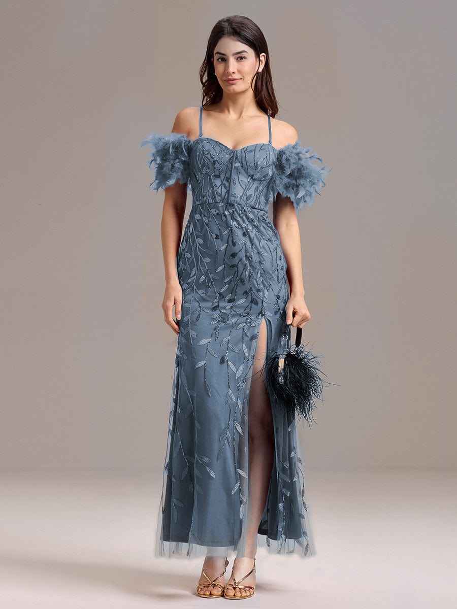 ever BELISSE|Off-Shoulder Feather Sleeve A-Line High Split Backless Sequin Formal Dress