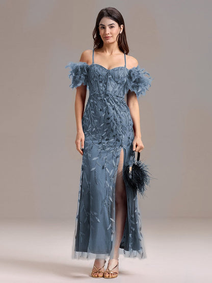 ever BELISSE|Off-Shoulder Feather Sleeve A-Line High Split Backless Sequin Formal Dress
