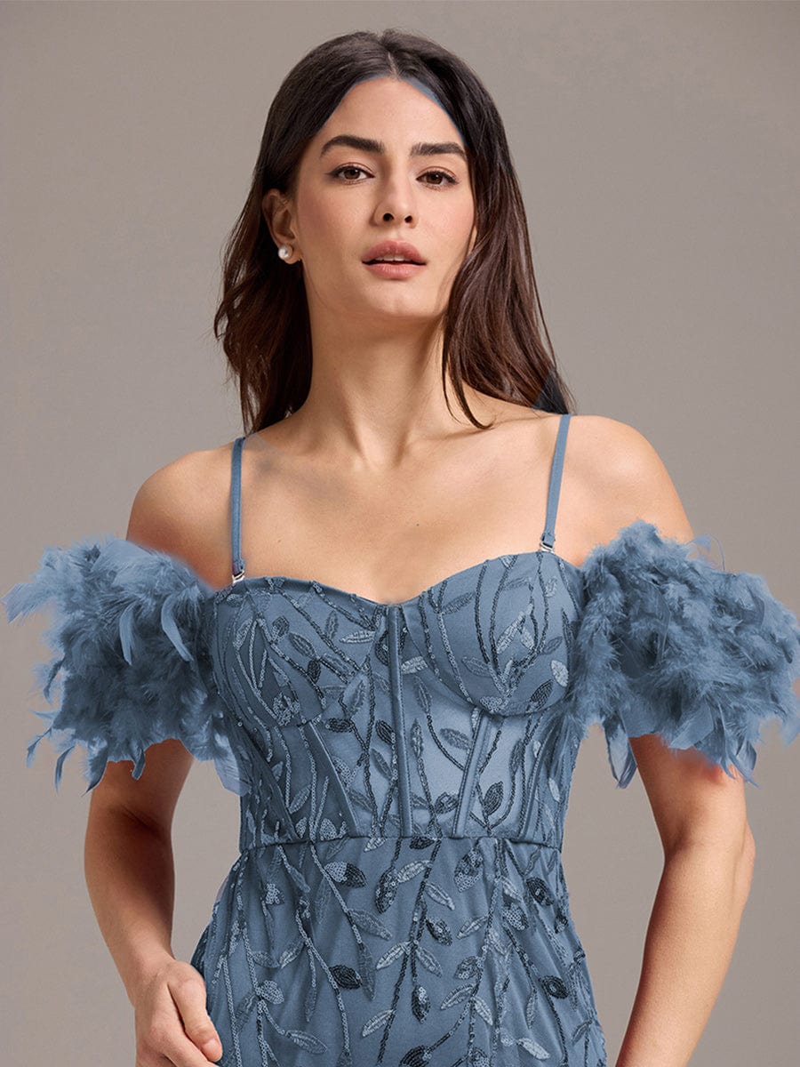ever BELISSE|Off-Shoulder Feather Sleeve A-Line High Split Backless Sequin Formal Dress